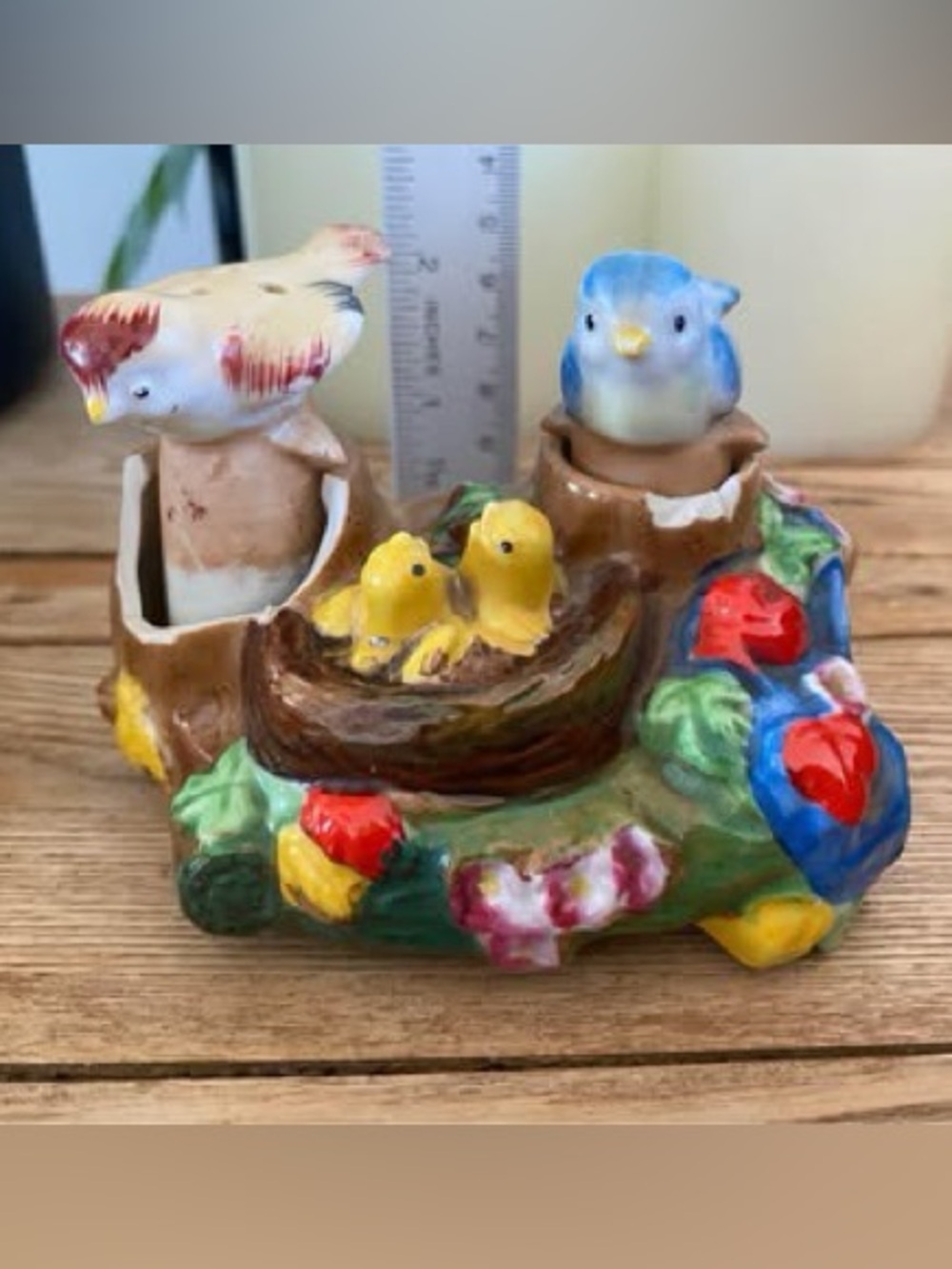 Vintage Ceramic Birds in Nest Salt & Pepper Shakers Set with Caddy Japan